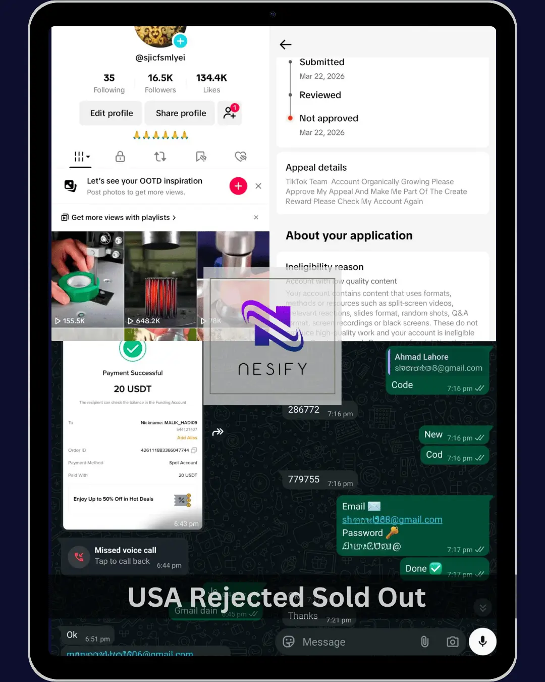 usa rejected sold out tiktok acount by nesify